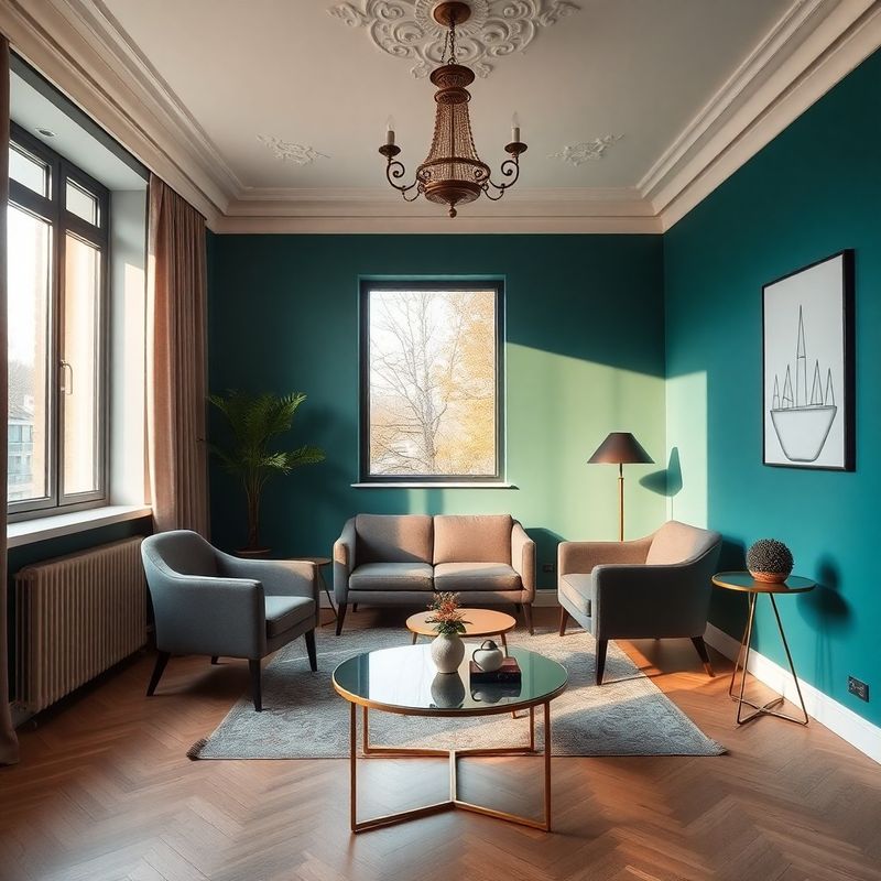 Recepce studia Atelier Procházka s tyrkysovou stěnou a přirozeným světlem